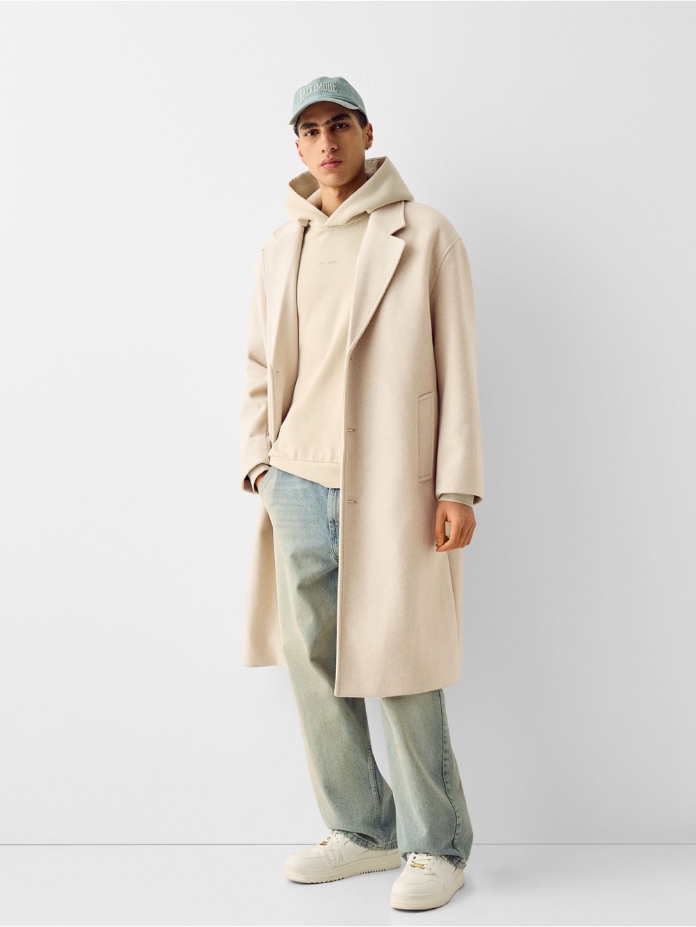 Bershka Men's Cream Long Trench Coat